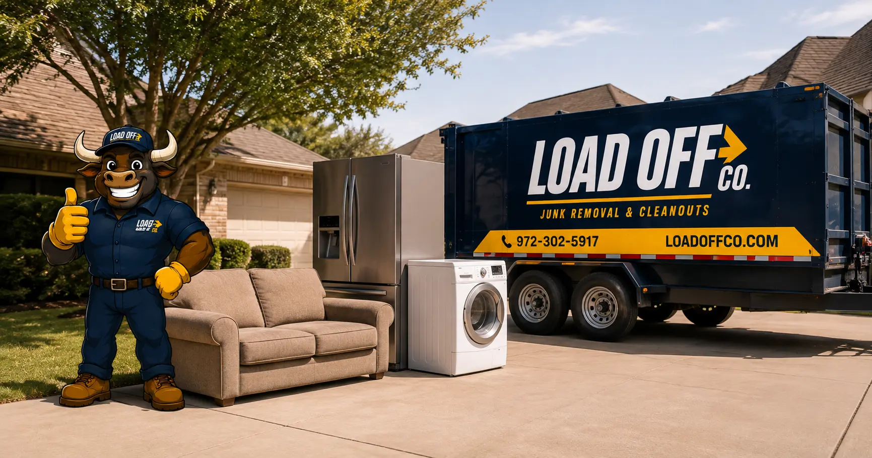 Big Lou with a sofa, refrigerator, washer, and branded LOAD OFF CO. trailer on a North Texas driveway