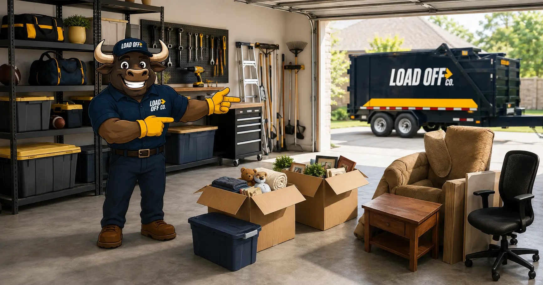 Big Lou pointing to organized garage cleanout zones with a LOAD OFF CO. trailer outside